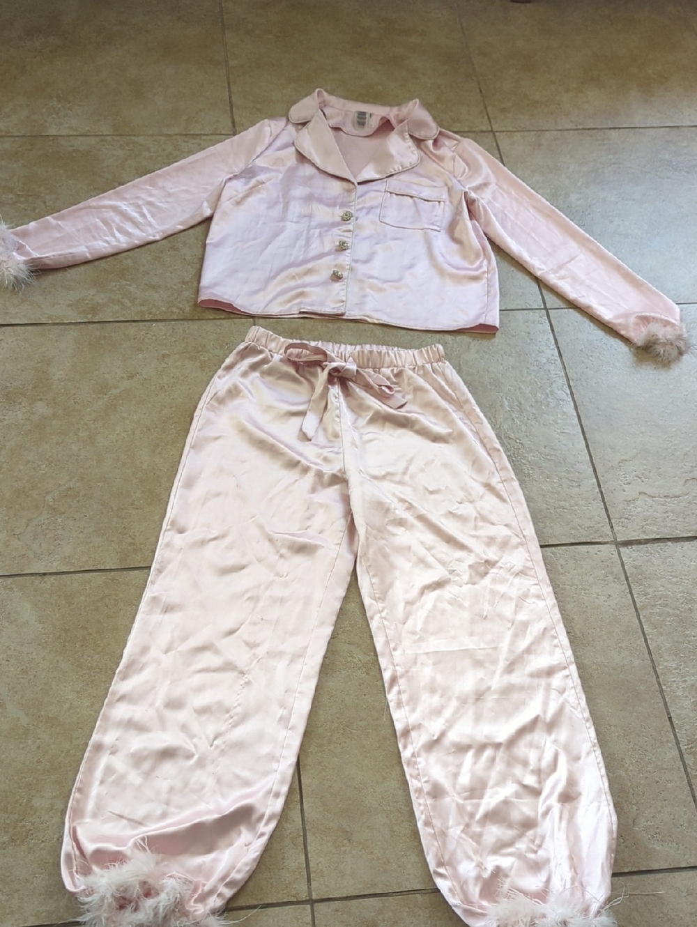 Lulu's Light Pink Satin Pajama Top with Feather Trim. Set